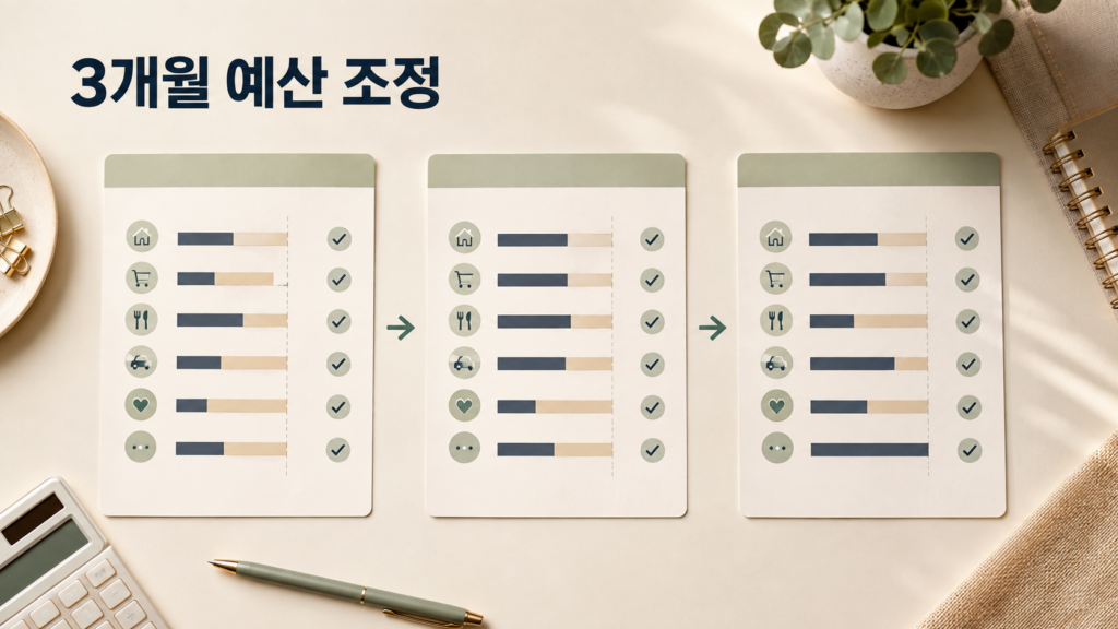 월급 250만 원의 3개월 예산 조정 과정 설명
