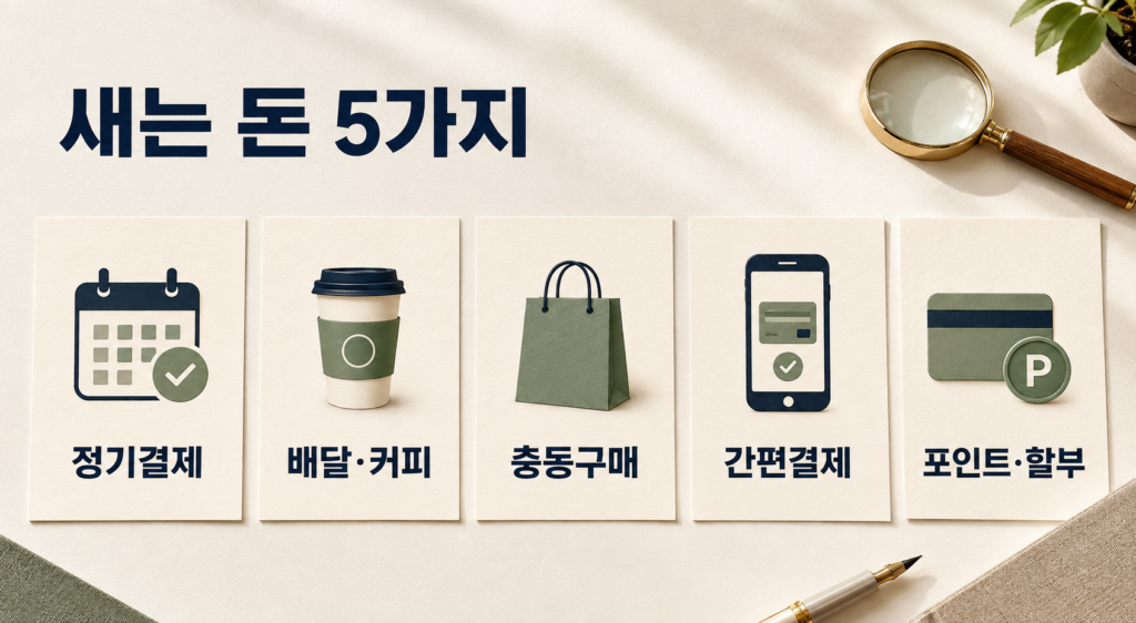 매달 새는 돈 막는 법|정기결제·배달비·충동구매 5가지 점검 1 정기결제 배달 커피 충동구매 간편결제 포인트 할부 등 새는 돈 5가지