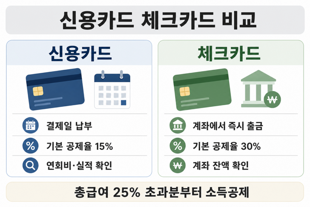 신용카드와 체크카드의 비교를 설명