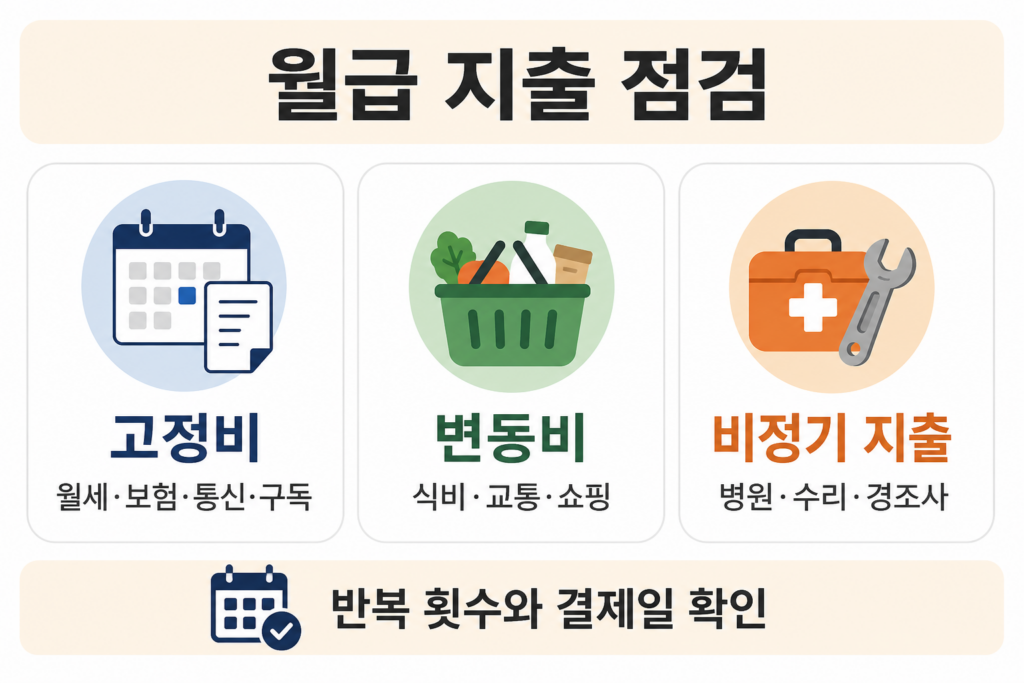 월급이 사라지는 이유|소액지출·자동결제·비상금 관리 사례 1 월급이 사라지는 원인을 찾는 고정비 변동비 비정기 지출 점검