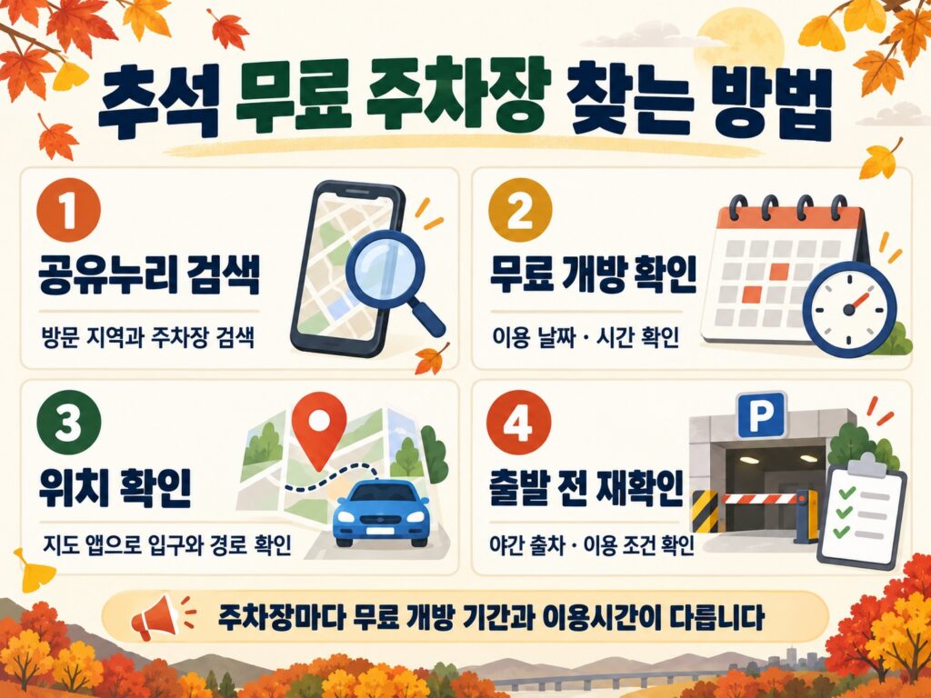 2026 추석 무료 주차장 찾는 방법|공공주차장 위치와 이용시간 확인 1 공유누리와 지도 앱으로 추석 무료 주차장 찾는 방법 안내 이미지